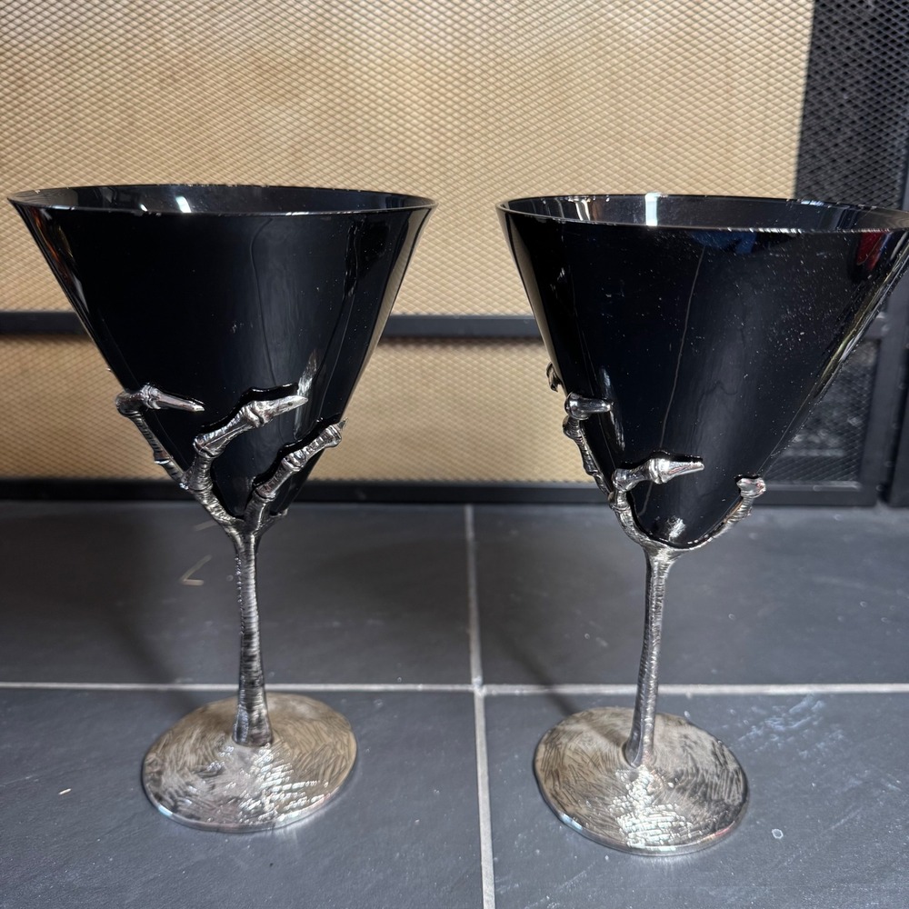 Set of 2 Skeleton Hand Martini Glasses Black Gothic Halloween Barware 7.5in
